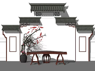 Classical Chinese Guqin and Painting Tools in Traditional Setting with Wooden Table and Tiled Roof 3d model