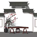 Classical Chinese Guqin and Painting Tools in Traditional Setting with Wooden Table and Tiled Roof
