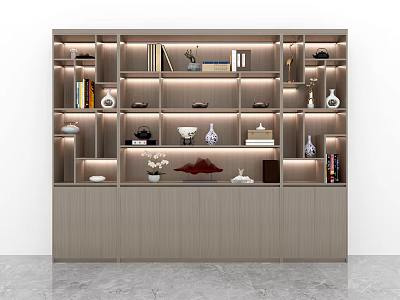 Modern Wooden Wine Cabinet with Open Shelves Decorative Vases Books and Sculptures 3d model