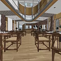 Scenic Sea View Restaurant Interior With Wooden Ceiling Pendant Lights And Marble Counter