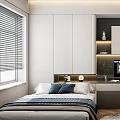 Tatami Bedroom Interior With Bed Red Gaming Chair At Desk White Cabinets And Wooden Floor