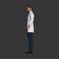 Male Doctor in White Coat Red Tie Blue Pants Brown Shoes Standing Against Gray Background