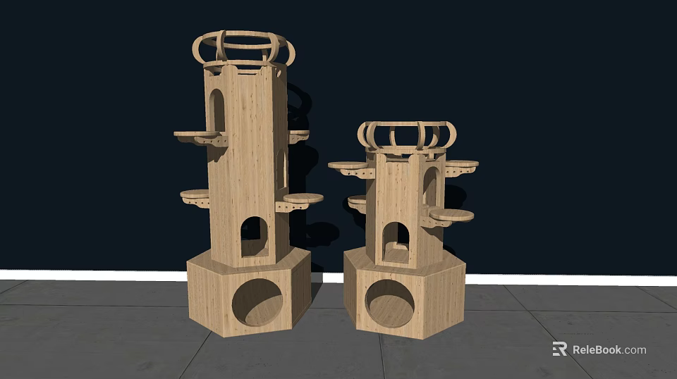 Two Wooden Multi Tiered Pet Furniture With Platforms And Holes Design 3d model 