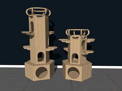 Two Wooden Multi Tiered Pet Furniture With Platforms And Holes Design 3d model