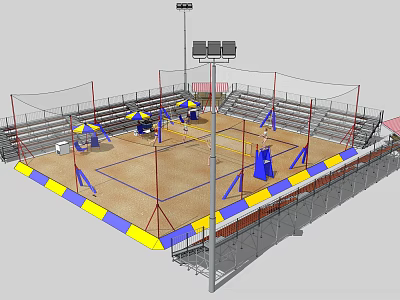 Volleyball Fitness Court With Blue Yellow Boundaries Stadium Lights And Bleachers 3d model