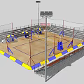 Volleyball Fitness Court With Blue Yellow Boundaries Stadium Lights And Bleachers