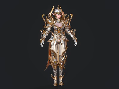 Woman in Ornate Gold and Silver Armor With Elven Ears and Intricate Decorative Patterns 3d model