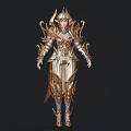 Woman in Ornate Gold and Silver Armor With Elven Ears and Intricate Decorative Patterns