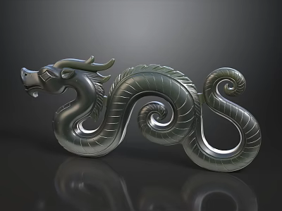 Green Dragon Sculpture With Spiral Patterns On Black Background With Reflections 3d model