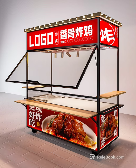 Mobile Fried Food Cart With Transparent Display Case And Layered Shelves For Selling Fried Chicken 3d model 