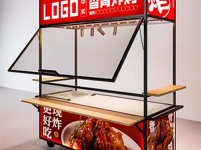 Mobile Fried Food Cart With Transparent Display Case And Layered Shelves For Selling Fried Chicken 3d model