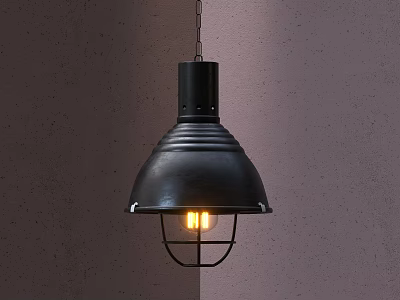 Black Bell Shaped Pendant Light With Metal Cage Illuminated On Gray Wall 3d model
