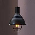 Black Bell Shaped Pendant Light With Metal Cage Illuminated On Gray Wall