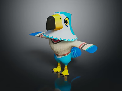 Colorful Cartoon Parrot Character With Blue Yellow White Feathers And Black Beak 3d model