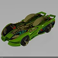 Futuristic Green Racing Car With Gold Cockpit And Decorative Red Accents On Shiny Dark Surface