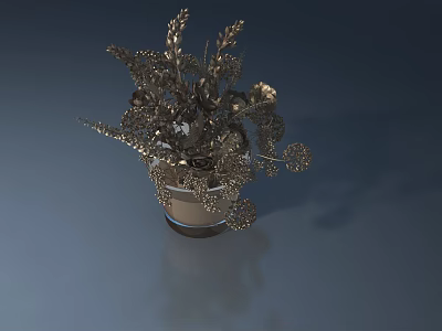 Elegant Swing Door With Golden Potted Plant And Navy Blue Reflective Background 3d model