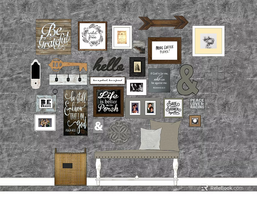 Decorative Photo Wall with Framed Art Inspirational Quotes Ampersand Symbol Bench and Gray Wall 3d model 