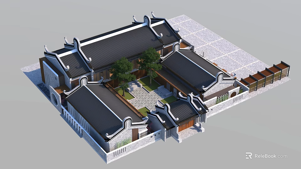 Ancient Chinese Architecture With Courtyard Symmetrical Layout Overhanging Eaves And Black Tiled Roofs 3d model 