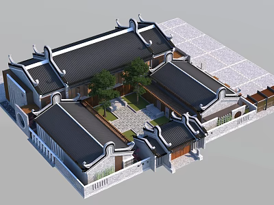 Ancient Chinese Architecture With Courtyard Symmetrical Layout Overhanging Eaves And Black Tiled Roofs 3d model