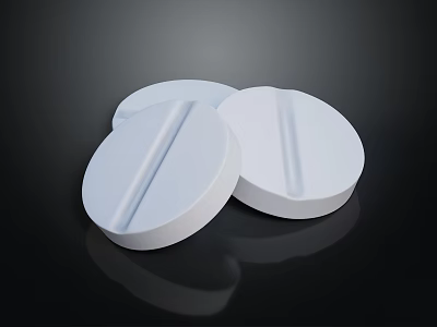 Three White Round Scored Tablets On Black Background With Reflection 3d model