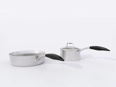 Silver Cookware Set With Black Handles Including Pan And Covered Pot 3d model