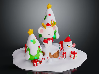 Festive Christmas Decorations with Small Trees Mouse Snowman and Gift Boxes on Snowy Base 3d model