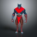 Game and Movie Character With Wolf Head Horns Red Cape and Blue Body Armor