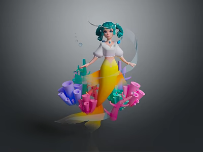 Mermaid Character With Green Hair And Yellow Tail Surrounded By Colorful Corals And Bubbles 3d model