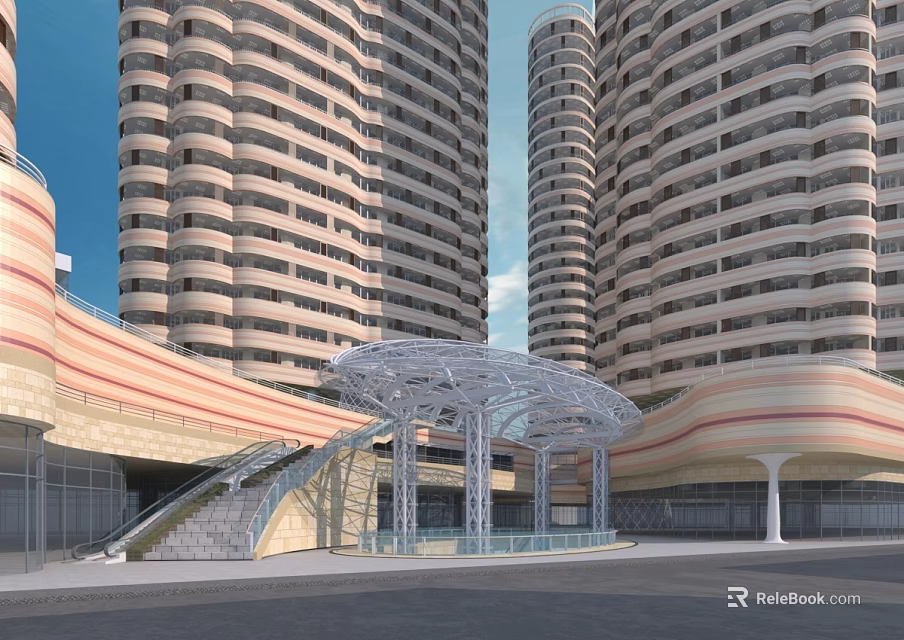Modern Commercial Street With Tall Buildings Glass Canopy Entrance And Open Space 3d model 