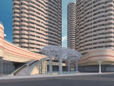 Modern Commercial Street With Tall Buildings Glass Canopy Entrance And Open Space 3d model