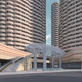 Modern Commercial Street With Tall Buildings Glass Canopy Entrance And Open Space