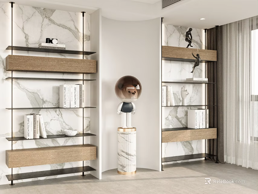 Modern Bookshelf With Wooden Shelves And Metal Frame Against Marble Wall Backdrop In Contemporary Interior 3d model 