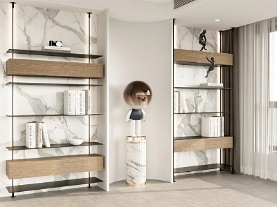Modern Bookshelf With Wooden Shelves And Metal Frame Against Marble Wall Backdrop In Contemporary Interior 3d model