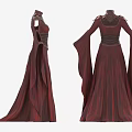 Elegant Crimson Red Long Dress With High Neck Corset Waist Flared Sleeves And Decorative Shoulders