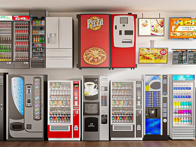 Commercial Freezers And Refrigerators In Retail Display With Beverage Pizza Vending Machines 3d model