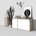 Stylish White Console Cabinet and Wooden Side Cabinet With Cactus Deer Head and Star Poster