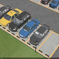 Various Colored Cars Parked In Parking Lot With Yellow Lines Near Green Grass