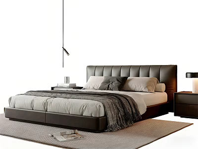 Modern Double Bed with Leather Headboard Pillows Throw Blanket on Rug Nightstand and Lamp 3d model