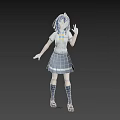 Woman with Blue Hair and Blue Eyes Making Peace Sign Wearing White Shirt Gray Skirt