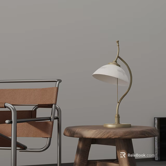 Golden Stand White Lampshade Table Lamp on Wooden Round Table with Brown Leather Metal Chair 3d model 