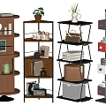 Modern Multi Tier Storage Shelves with Wooden and Metal Frames Displaying Plants Cups and Books