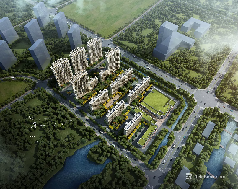 Aerial Planning of Modern Residential Area with High Rise Buildings Green Spaces River and Roads 3d model 