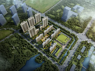 Aerial Planning of Modern Residential Area with High Rise Buildings Green Spaces River and Roads 3d model