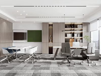 Modern Open Office Interior Design With Meeting Table Whiteboard Bookshelves And Floor To Ceiling Windows 3d model