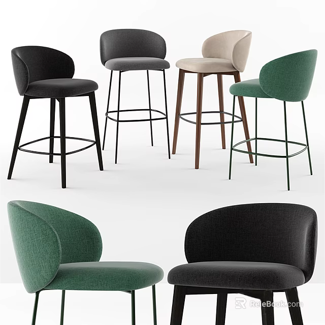 Modern Curved Back Bar Stools Upholstered In Multiple Colors For Kitchen Seating 3d model