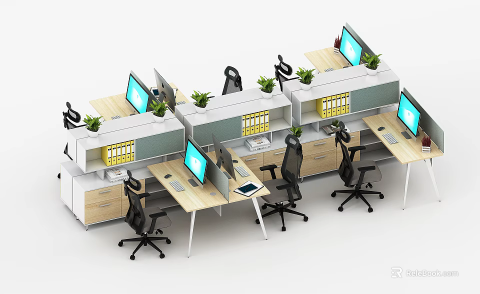Modern Office Workstations Featuring Partitioned Desks Computers Office Chairs And Potted Plants 3d model