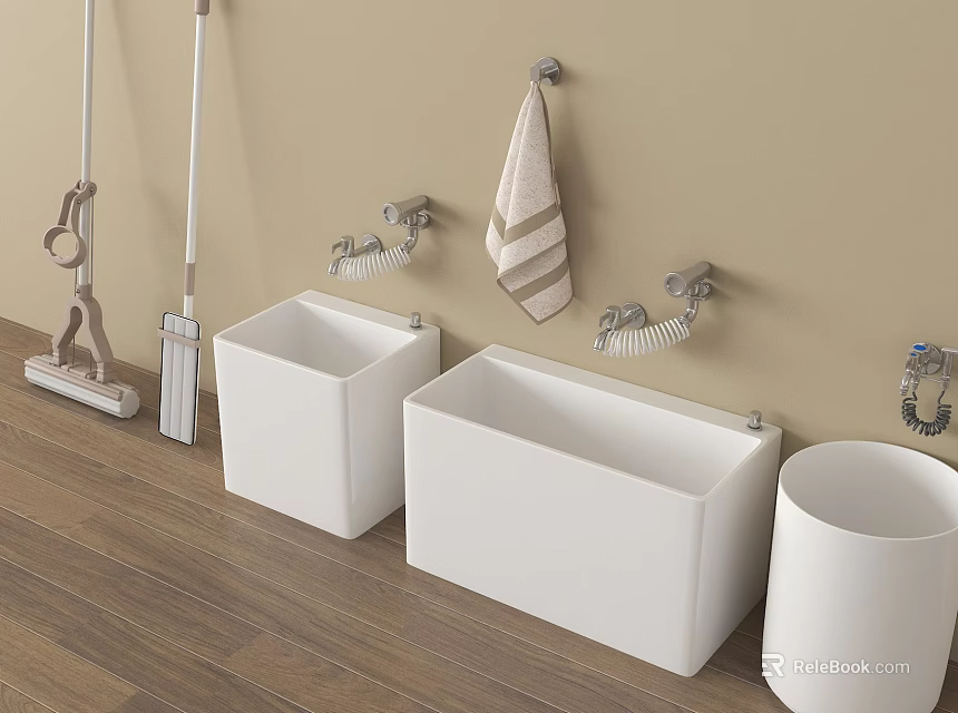 Bathroom Interior With White Square Sinks Wall Mounted Towel And Cleaning Tools 3d model 