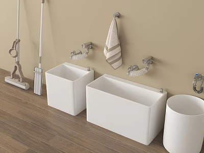 Bathroom Interior With White Square Sinks Wall Mounted Towel And Cleaning Tools 3d model