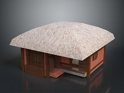 Traditional Thatched Roof Hut With Wooden Structure Red Walls And Classic Design 3d model