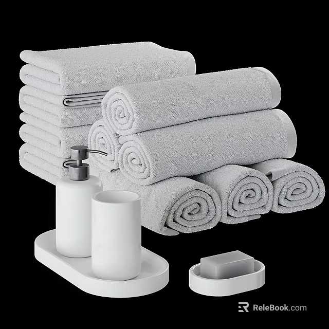 White Bathroom Accessories Set With Towels Soap Dispenser And Dish 3d model 